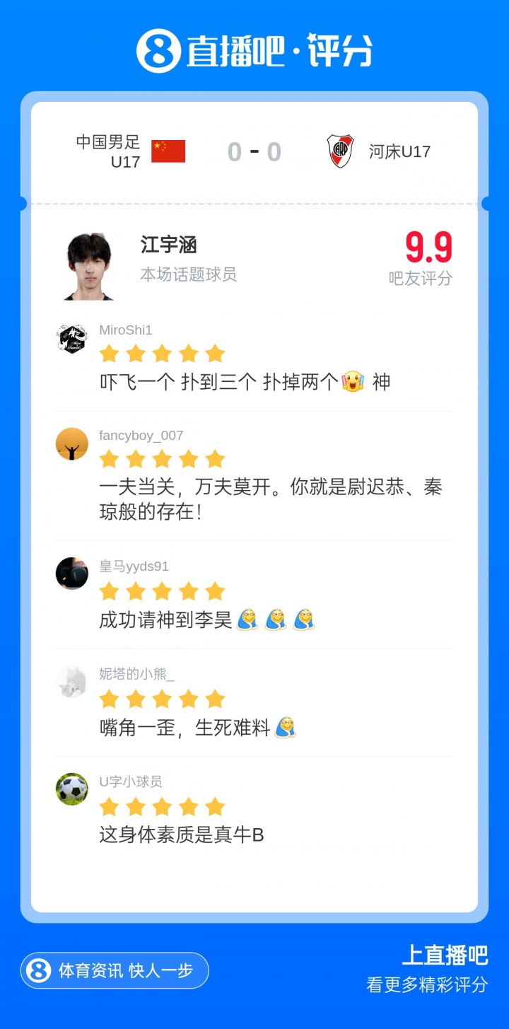 一夫当关！江宇涵获吧友评分9.9：吓飞一个 扑到三个 扑掉两个 神
