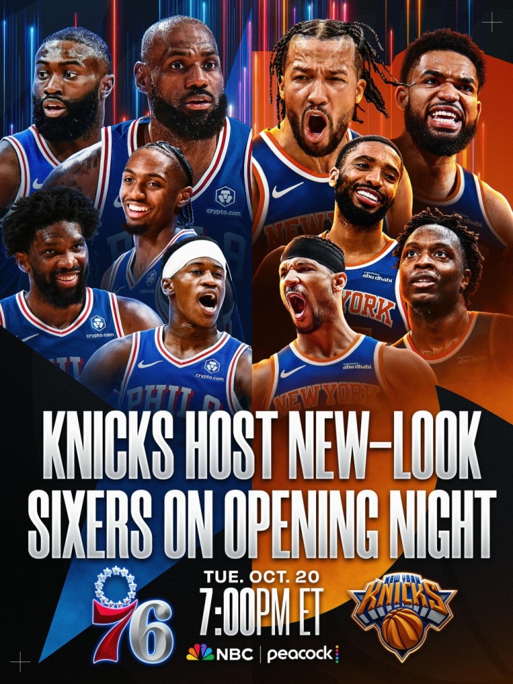 詹姆斯/布伦森领衔！NBA发布76人VS尼克斯海报：新五虎VS冠军首发